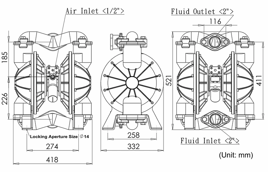 Kích thước chi tiết của máy bơm màng khí nén TDS DS20 chính hãng 
