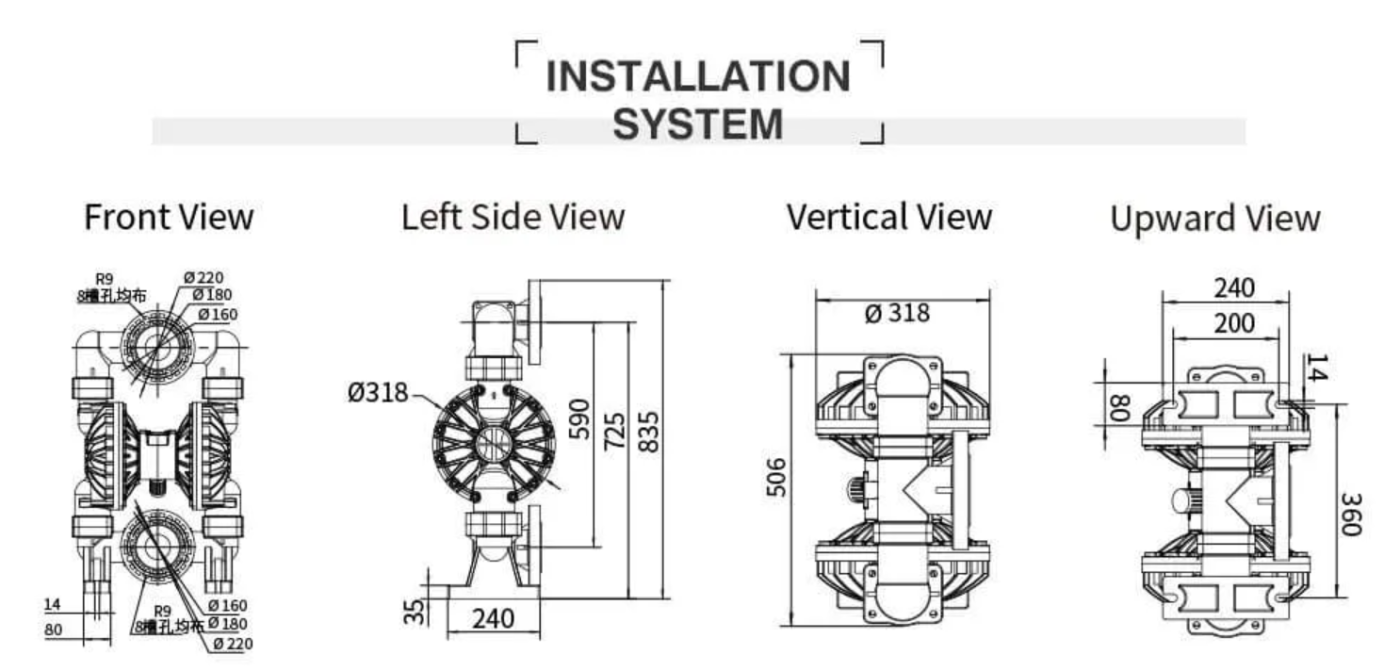 Kích thước chi tiết máy bơm màng khí nén GODO QBY3-80S chính hãng