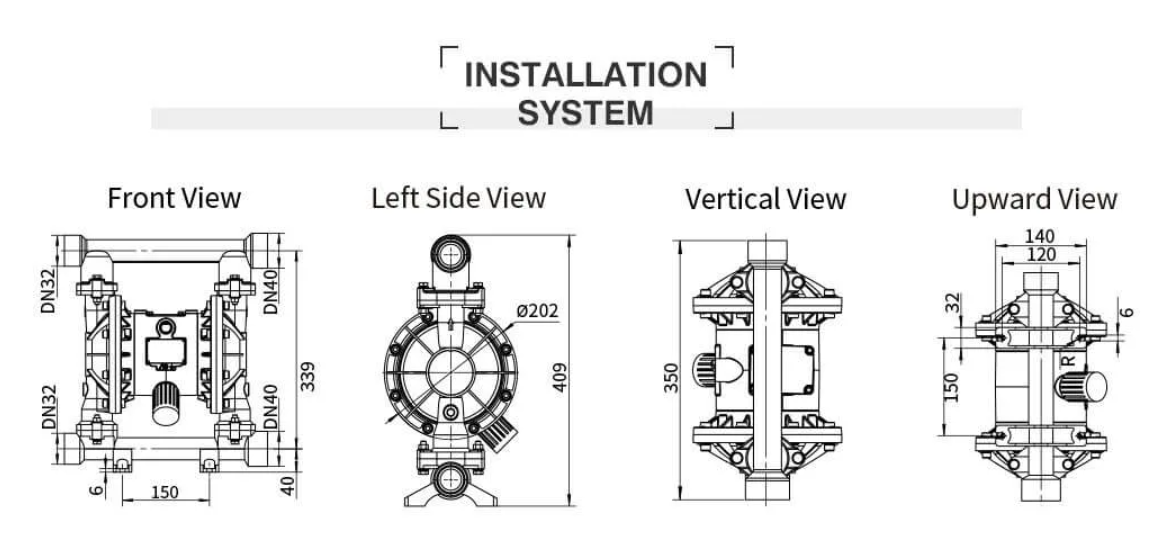 Kích thước chi tiết của máy bơm màng GODO QBY3-40PTFF